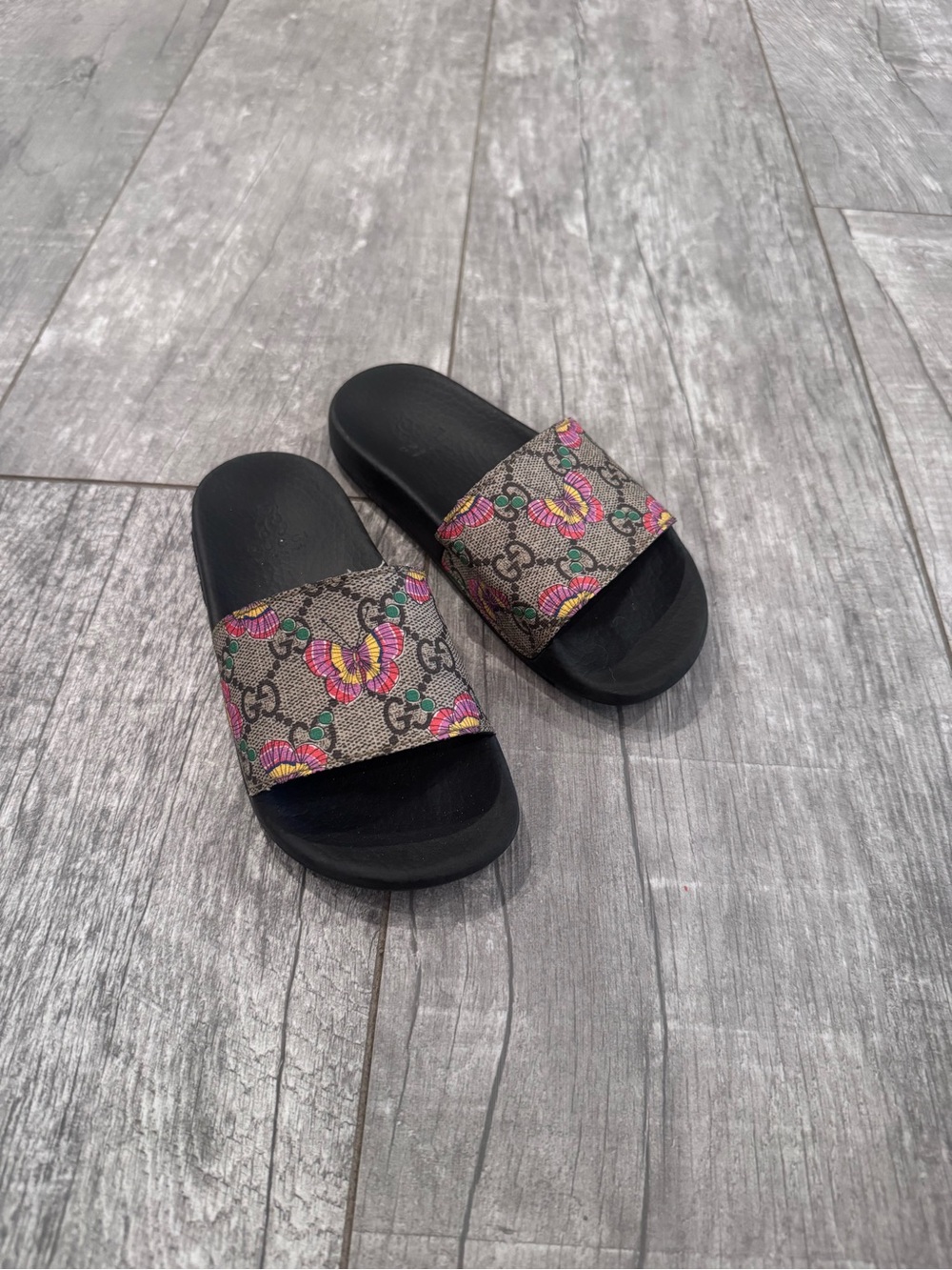 Gucci Black Slide Sandals with Pink & Green Floral Strap